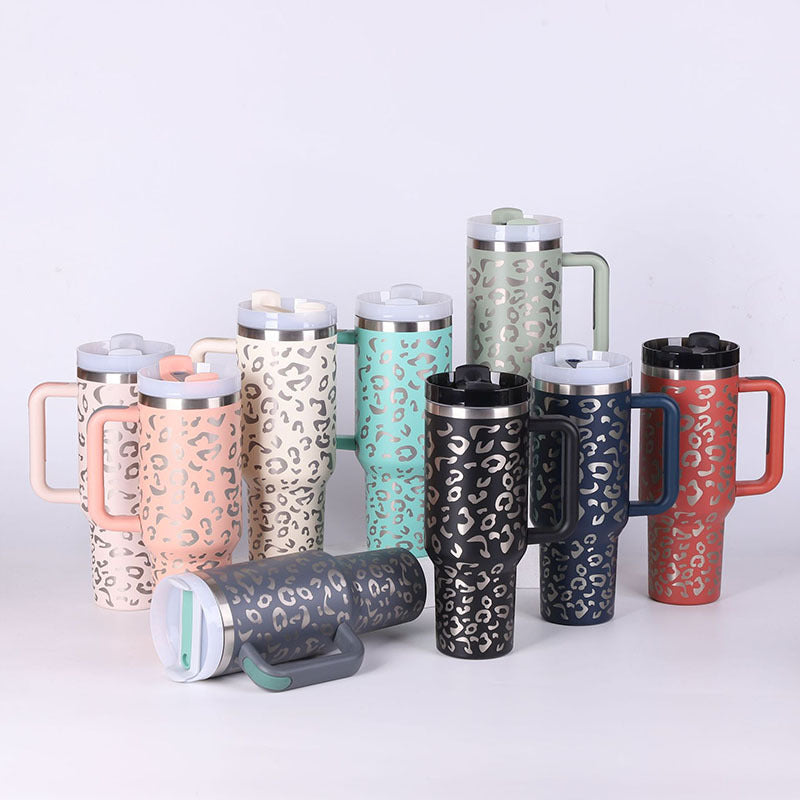 40 Oz Stainless Steel Tumbler, Modern Leopard Pattern With Handle Straw Insulated Travel Drinking cup