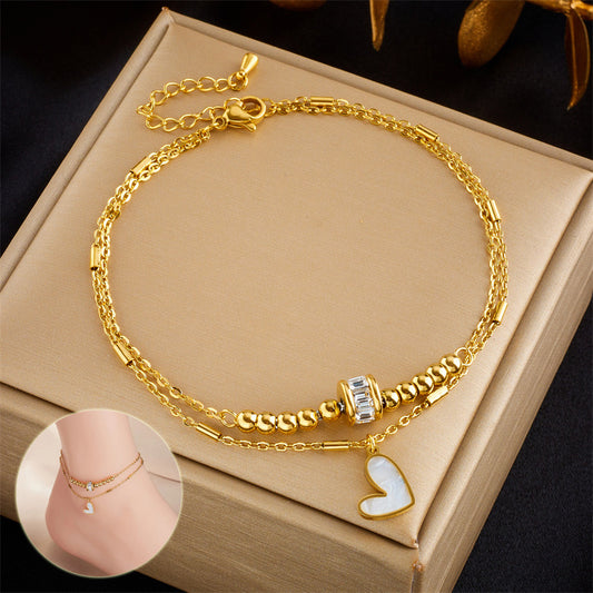 Fashion Jewelry Boho Classic Love Heart Ankle Chain Double Layer Chain Bracelet Anklet Charm Bracelet